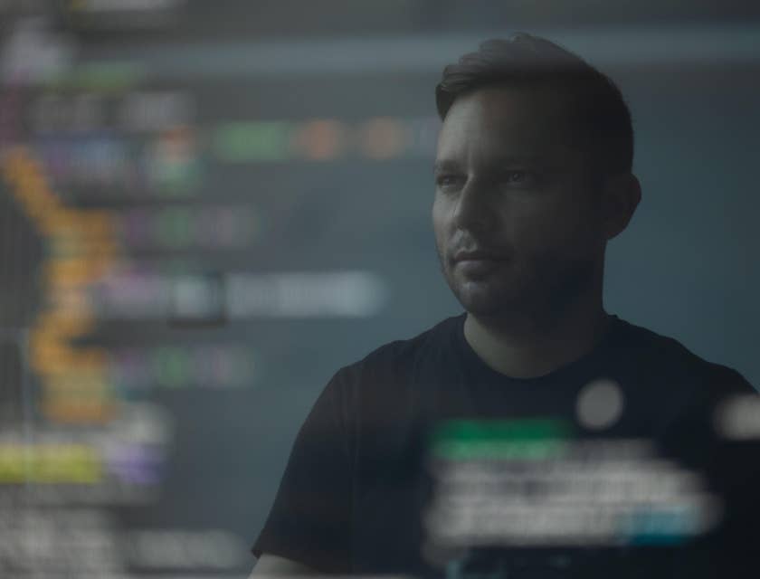 Photo of a Node.js Developer's reflection from his monitor while working on. a program