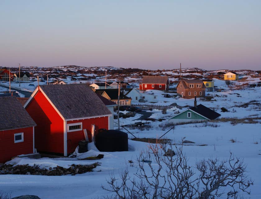 Houses surrounded by snow on a cold day in Nova Scotia.