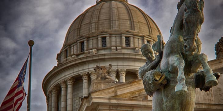 Close-up of the Oklahoma State Capitol on an overcast day.