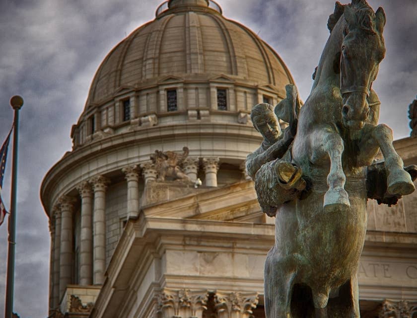 Close-up of the Oklahoma State Capitol on an overcast day.