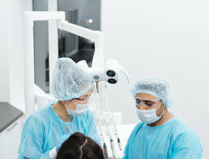 Oral and maxillofacial surgeon removing impacted wisdom teeth..
