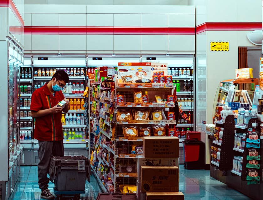Overnight stocker labeling and arranging the items on the shelf.