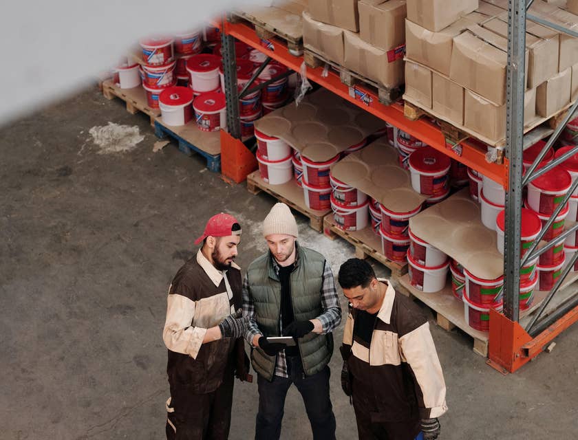 Parts manager with workers checking the inventory level for replenishment