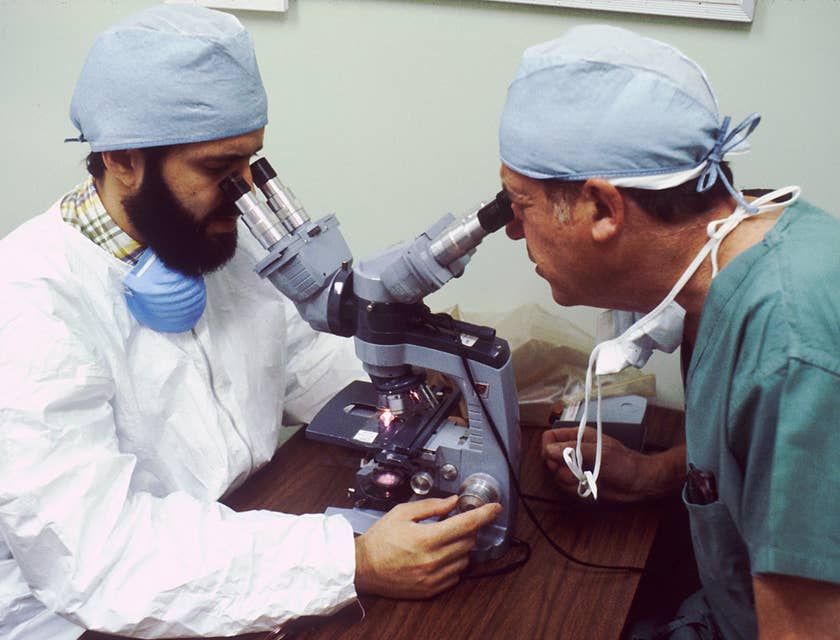 Pathologist analyze specimen using a microscope