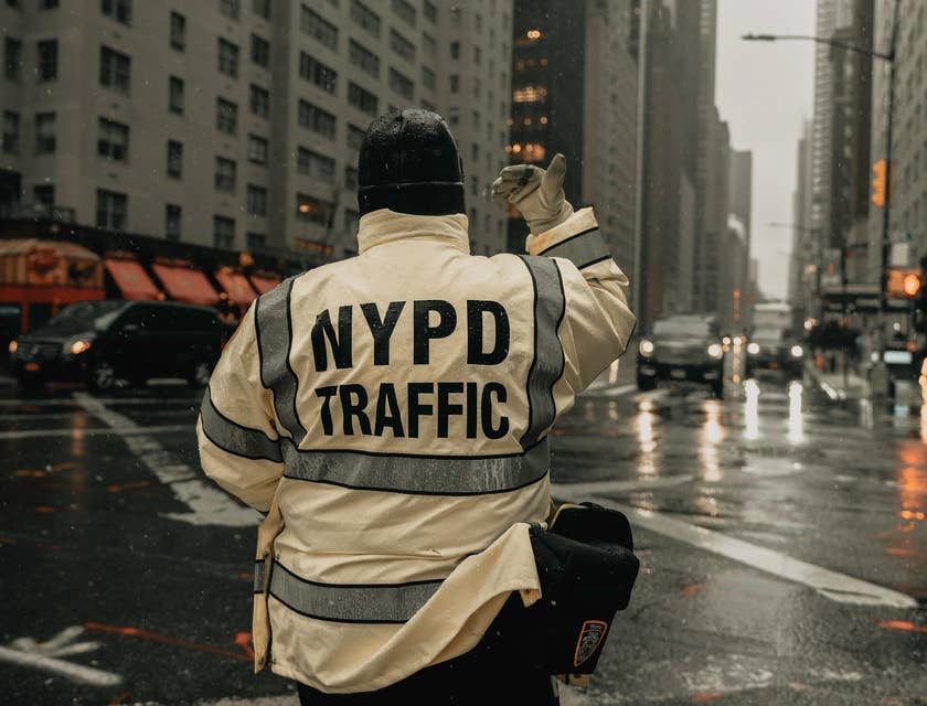 A patrol Officer directing traffic on a rainy day in the middle of a busy street.