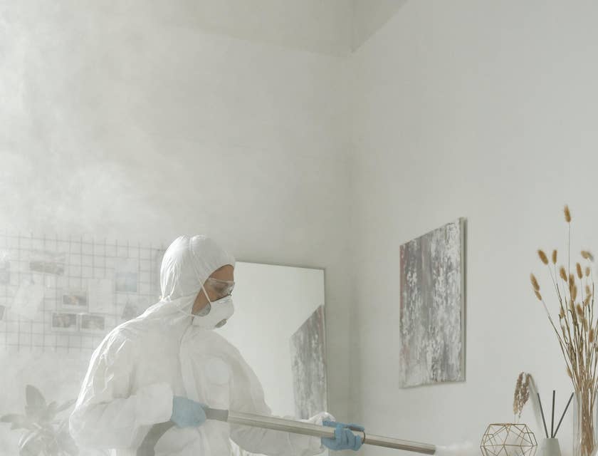 Pest control technician working in a residential building.