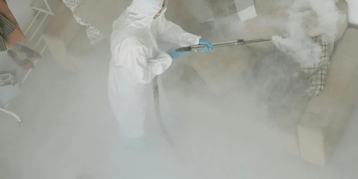 A pest control technician working in a residential building.