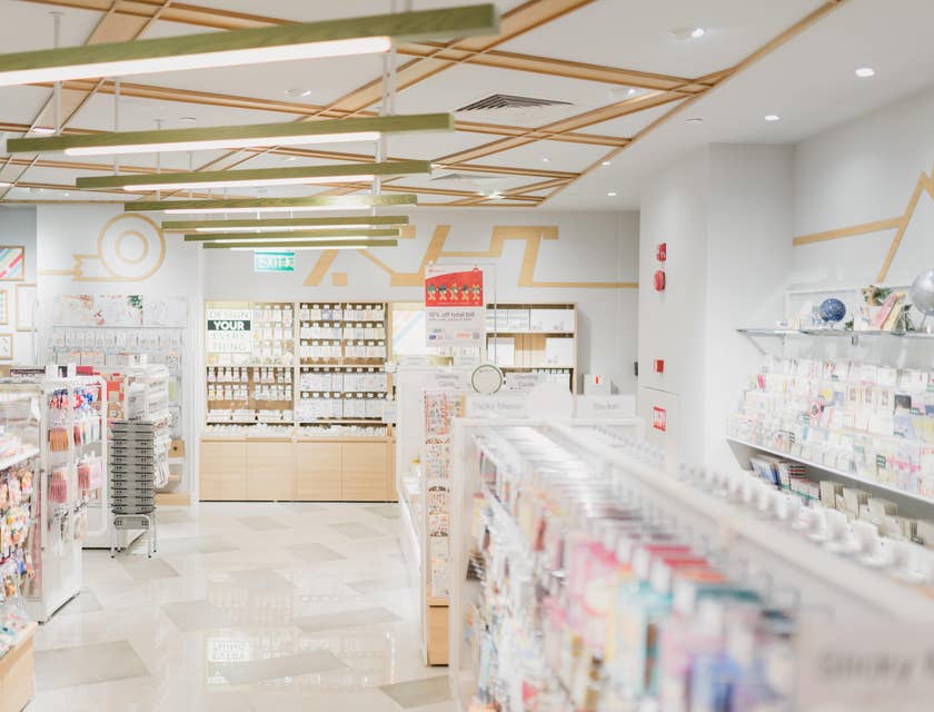 A pharmacy with shelves of medication and other products.