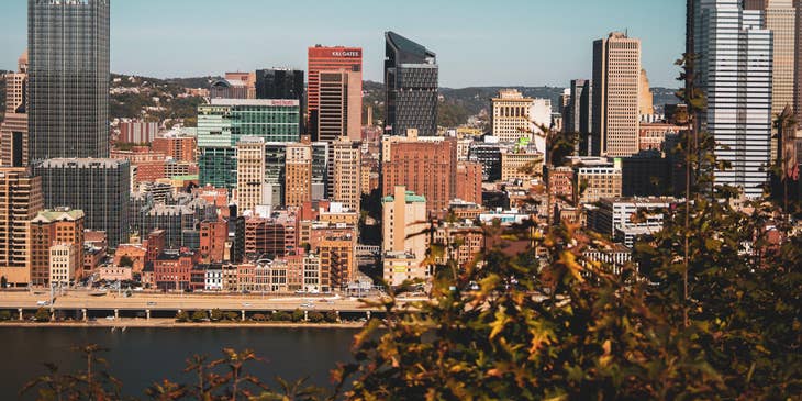 An aerial view of buildings in Pittsburgh, Pennsylvania.