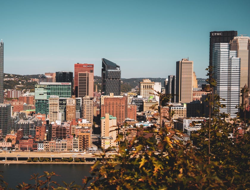 An aerial view of buildings in Pittsburgh, Pennsylvania.