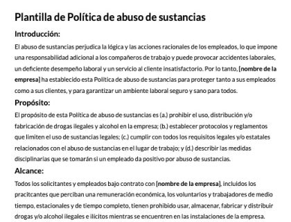 Ejemplo de una política de abuso de sustancias
