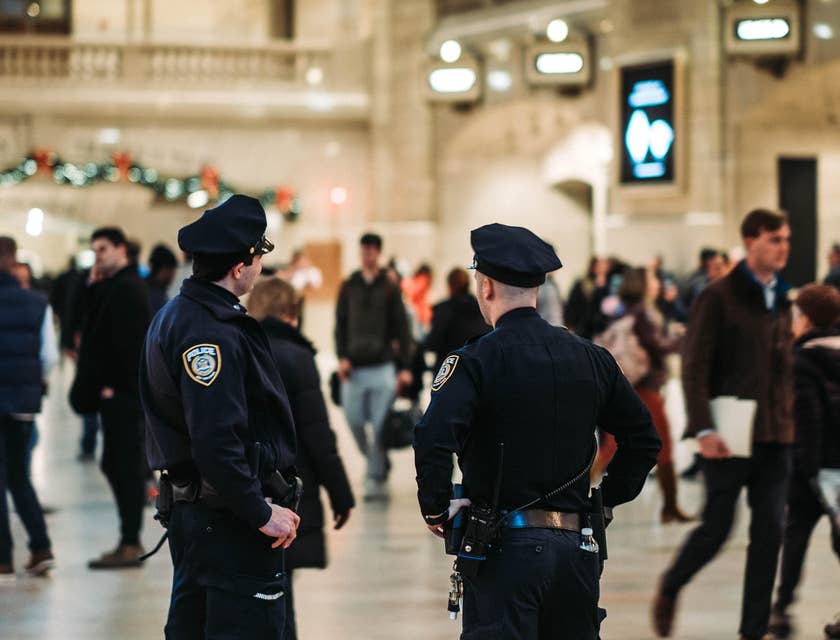 Two police officers patrolling grand central terminal and ensuring peace and order is being maintained.