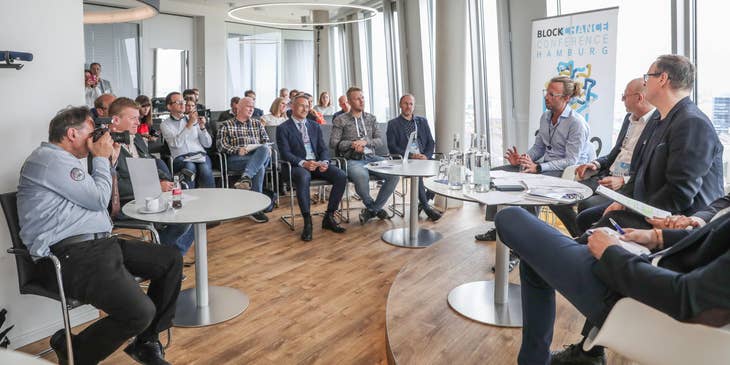 Public relations director during a press conference of the launch of a new cryptocurrency