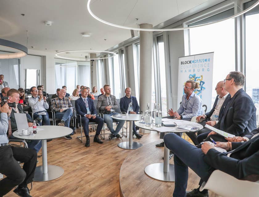 Public relations director during a press conference of the launch of a new cryptocurrency