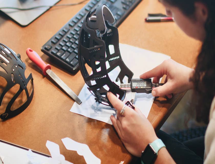 female quality engineer checking the size of the new product