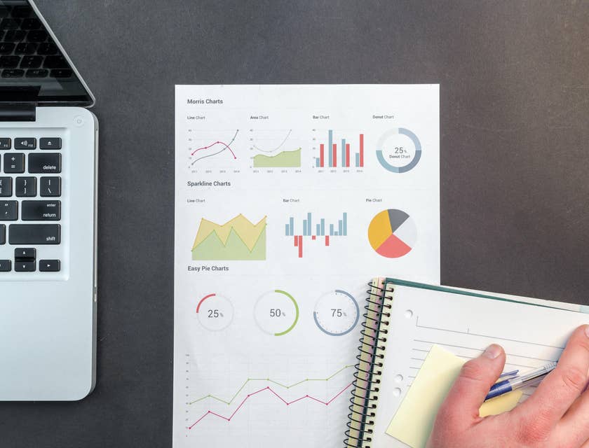 Quantitative researcher holding a pen and looking at charts