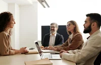 Personas sentadas en una entrevista de oficina durante un reclutamiento de ciclo de vida completo.