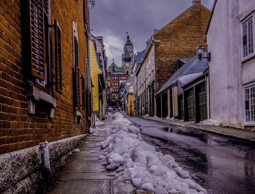A street covered in snow in Québec, Canada.