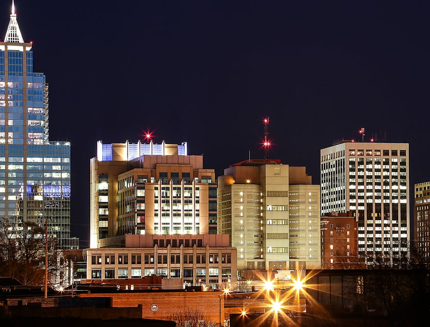 The cityscape of Raleigh, North Carolina at night.