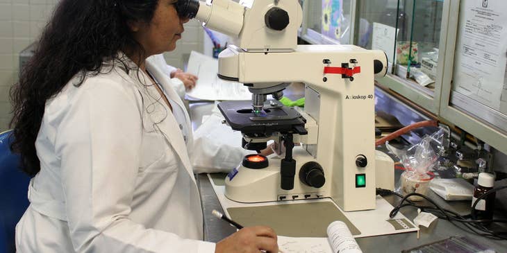 Research Scientist looking down a microscope andwriting down her observations