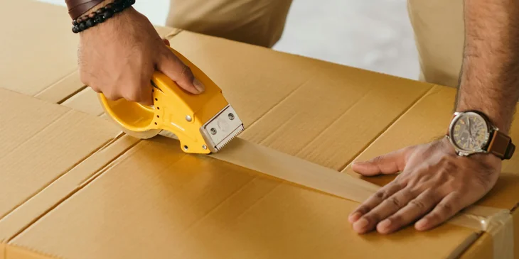A shipping clerk packing the items in a box before forwarding it to a shipping department.