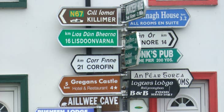 commercial signs installed on a pole on a sidewalk