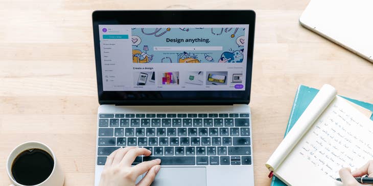 Social media manager creating visual and written content while enjoying a cup of coffee