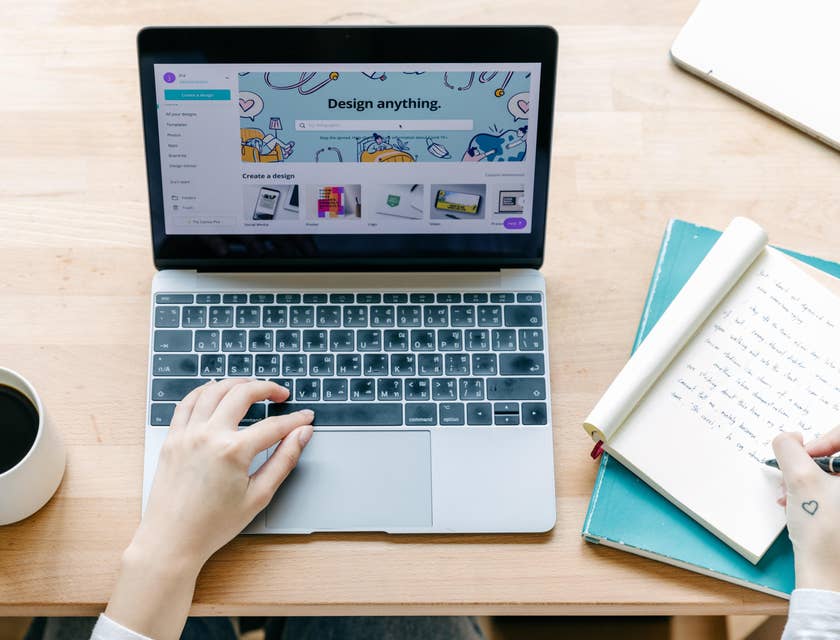 Social media manager creating visual and written content while enjoying a cup of coffee