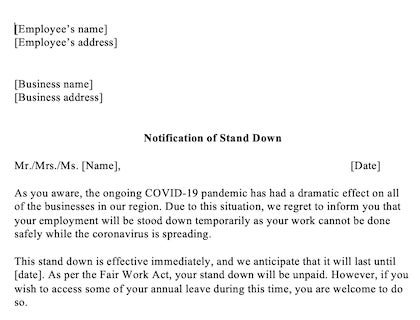 An example of a stand down letter for employees.