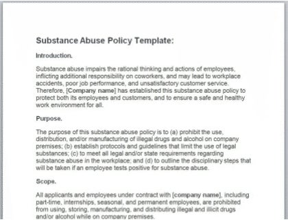 Substance abuse policy example