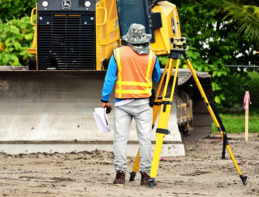 Surveyor getting ready to calculate dimensions on a construction site.