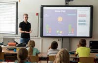 Un maestro da una lección interactiva a sus alumnos en un proyector.