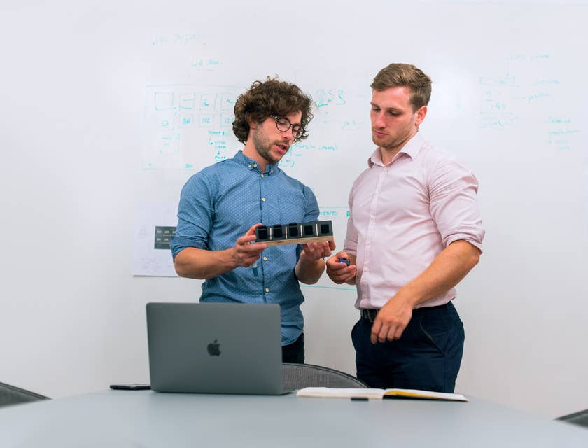 Technical marketing engineer discusses product with the marketing team to develop a campaign strategy