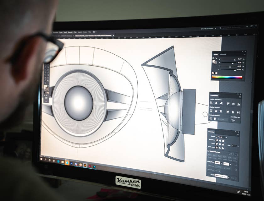 Tooling engineer working on a design using the CAD software on his workstation