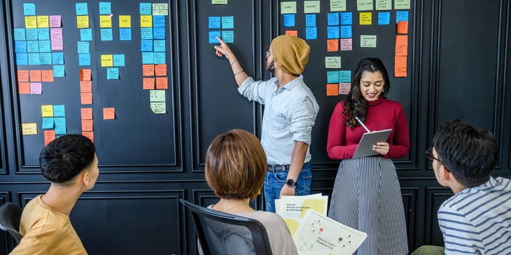 Training supervisor evaluates presentation during the meeting while trainers present new training ideas on sticky notes