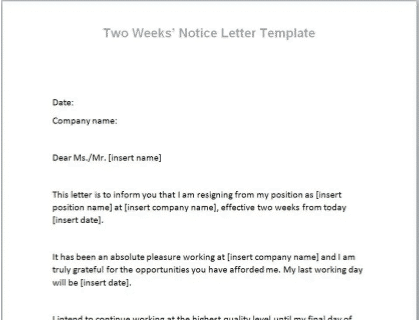 Two Weeks Notice Letter