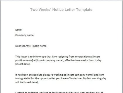 A two weeks' notice letter template.