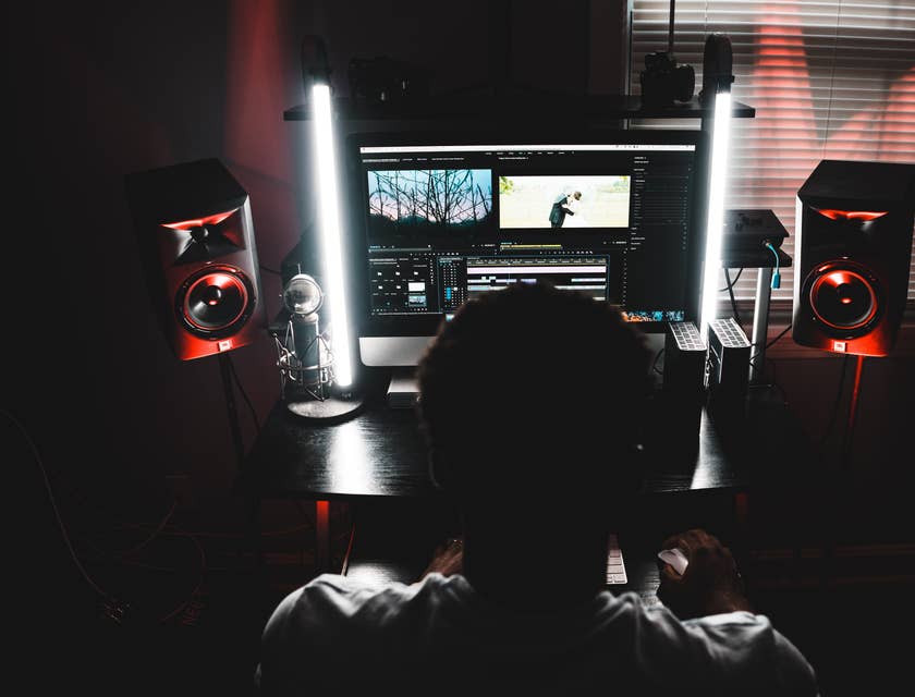 Video editor working in a dark room
