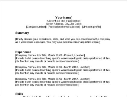 Warehouse associate resume free template