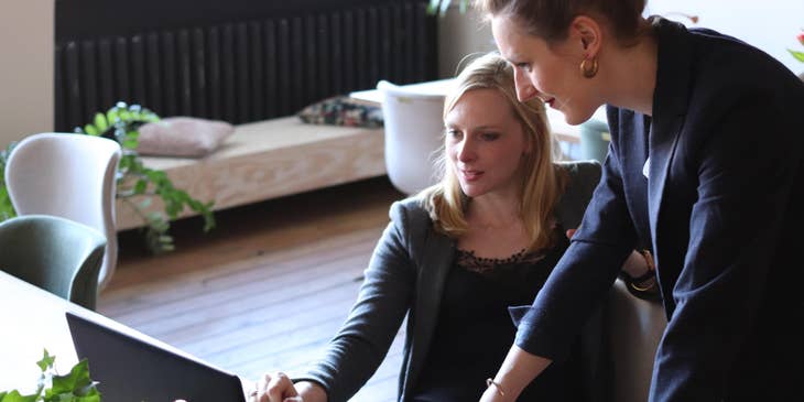 a client checking the final revision of their company's website developed by the web consultant