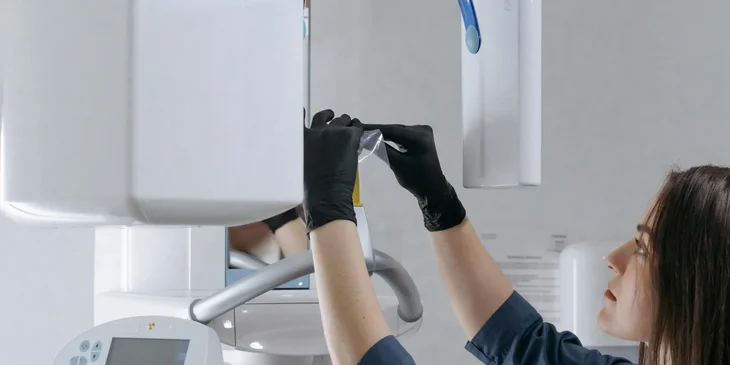 An X-ray technician using a dental X-ray machine.
